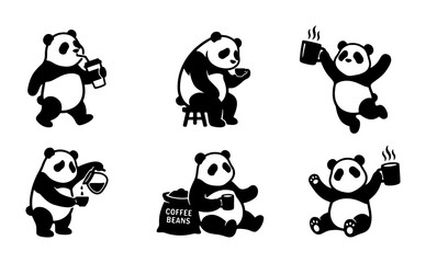 Obraz premium Cute Panda Vector Icons Set: Adorable Animals Enjoying Coffee and Drinks, Kawaii Style Illustrations for Branding and Design