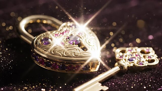 Elegant heart-shaped gold locket encrusted with purple gemstones and an ornate matching key