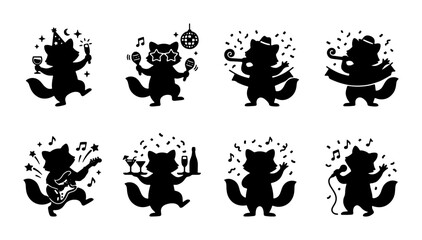 Obraz premium Party Raccoon Silhouettes: Celebration, Music, Dancing, Drinking, 8 Vector Icons for Festive Designs