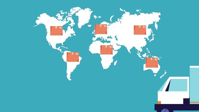 Global shipping and delivery concept with world map and cargo truck moving packages across continents.