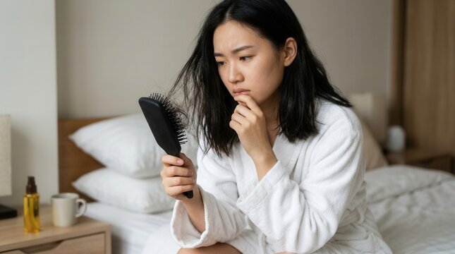 Worried Woman Inspects Hair Loss On Brush In Bedroom Setting