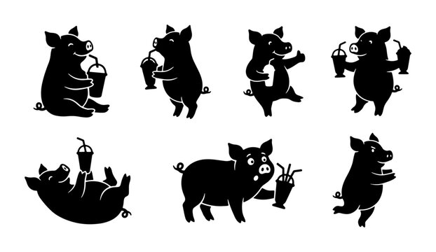 Playful Pig Vector Icons Set, Cute Farm Animal Silhouettes with Drinks, Whimsical Swine Characters for Food and Beverage Graphics