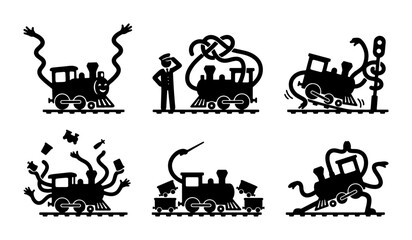 Fototapeta premium Whimsical Train Illustrations, Playful Locomotive Characters, Retro Steam Engine Icons, Set of 6 Black Vector Graphics for Transportation Themes