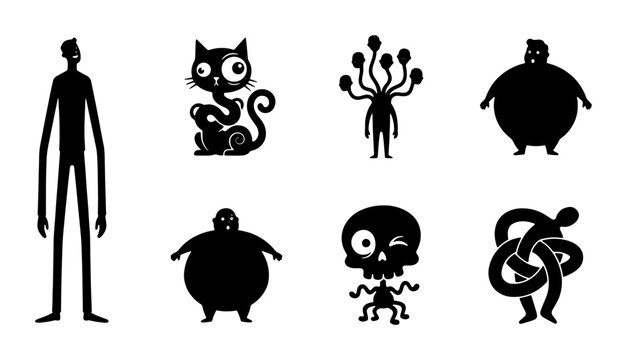 Whimsical Silhouette Characters Collection: Spooky Cat, Tall Man, Blob Monsters, Winking Skull, Abstract Figure, Alien Creature Vector Icons