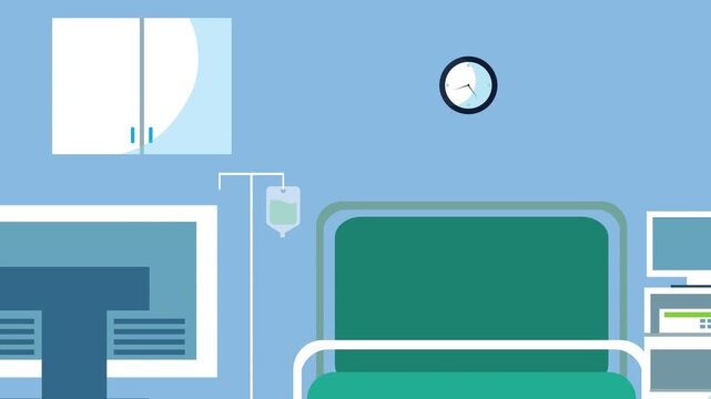 Hospital room interior animation with medical equipment and patient bed in flat design style.