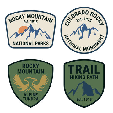 Rocky Mountain badge set. Outdoor hiking trail design. National park vintage logos.