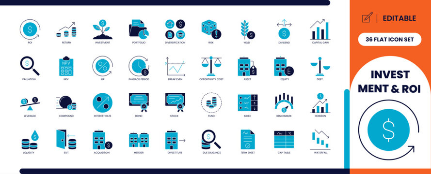 Investment and ROI flat icon set for business finance