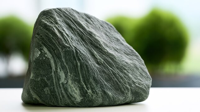 unreality. A smooth gray-green soapstone rock with wavy textures on a blurred background. gardening catalogs, home-decor guides, designed for home decor and floral branding.