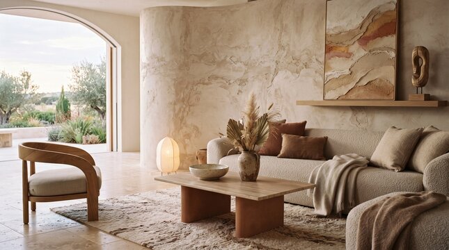 Modern Earthscape: Abstract natural-inspired textures merge warm clay, cream, and soft brown tones, creating an inviting visual atmosphere with a luxurious yet understated character.