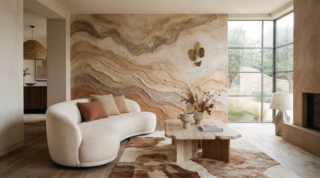 Modern Earthscape: Abstract natural-inspired textures merge warm clay, cream, and soft brown tones, creating an inviting visual atmosphere with a luxurious yet understated character.