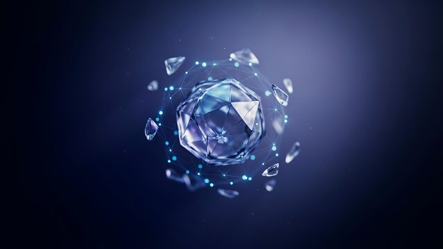 Abstract 3d render of a glowing crystal sphere shattering into fragments with blue light particles and digital nodes on a dark background.