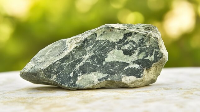 unreality. A smooth gray-green soapstone rock with wavy textures on a blurred background. gardening catalogs, home-decor guides, designed for home decor and floral branding.