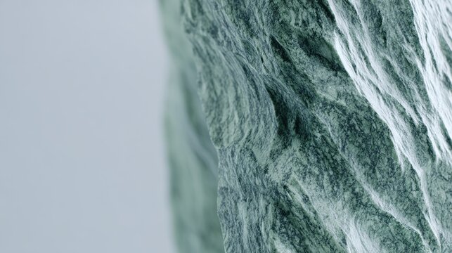 unreality. A smooth gray-green soapstone rock with wavy textures on a blurred background. gardening catalogs, home-decor guides, designed for home decor and floral branding.
