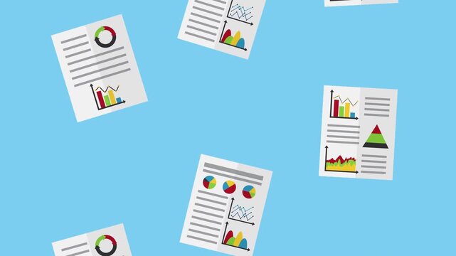 Animated documents with charts and graphs float and rotate on a blue background.