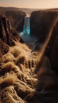 Majestic canyon cascade: wild waterfall, muddy torrent, steep cliff, golden light, rushing current, rocky gorge, misty spray, rapid flow, natural wonder, wilderness scene.