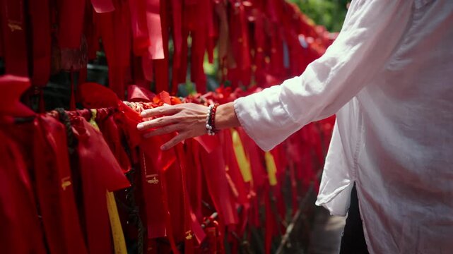 Woman traveler touching red tapes with wish of visitor of Yanoda park in Hainan. Closeup of female hands stroking ritualistic inscriptions on bridge, tourist attraction and pilgrimage, slow motion