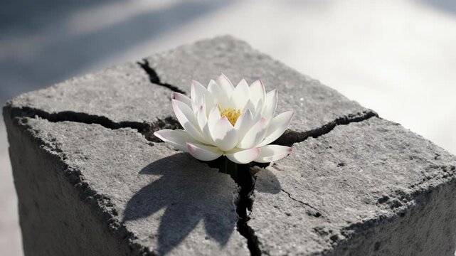 Resilient blossom growth: delicate lotus, cracked stone, urban survival, natural hope, stark contrast, persistent life.