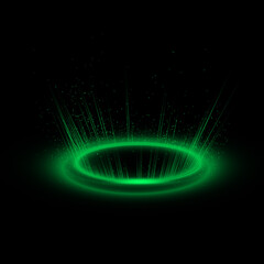 Glowing green magic portal or energy ring with particles isolated on a black background for digital design © Creative_Rasma
