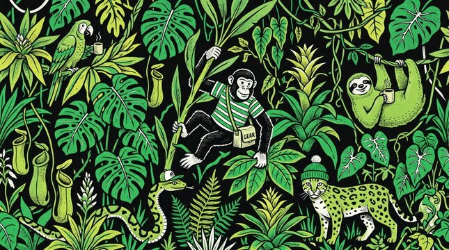 Tropical jungle pattern with wild animals. Exotic rainforest illustration with monkey, sloth, and leopard. Green botanical foliage wallpaper.