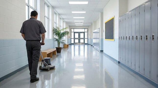 Professional custodian operates electrical floor polisher in bright school hallway ensuring pristine cleanliness and smooth surface reflection for students safety.
