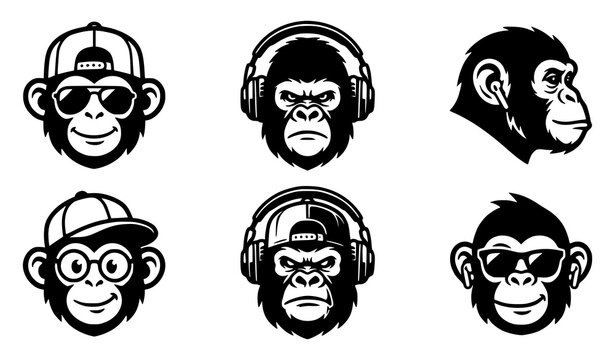 Cool Monkey Vector Avatar Set Ape Face With Glasses Cap Headphones Icon Illustration Design