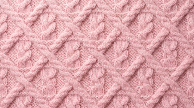 Soft pink knitted fabric with intricate cable knit pattern and diamond weave texture during daylight