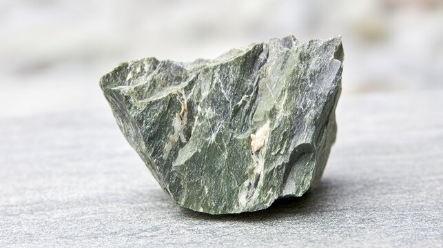 unreality. A smooth gray-green soapstone rock with wavy textures on a blurred background. gardening catalogs, home-decor guides, designed for home decor and floral branding.