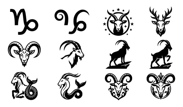 Capricorn Zodiac Vector Icon Set Goat Symbol Horoscope Astrology Collection Black Illustration Design
