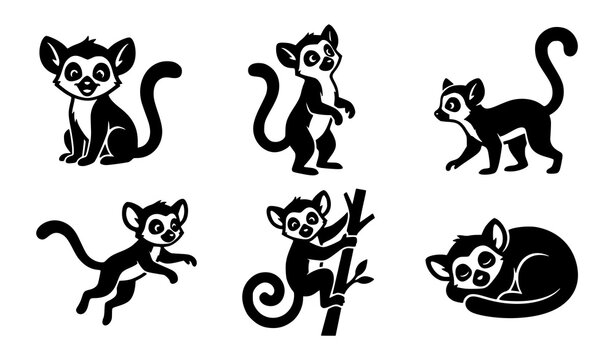 Lemur Vector Silhouette Set Cartoon Lemur Animal Sleeping Climbing Poses Icon Illustration Design