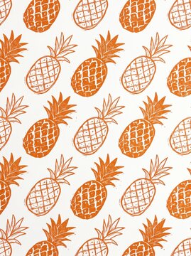 Vintage pineapple block print pattern, orange tropical fruit linocut illustration, rustic hand-stamped pineapple wallpaper for textile design