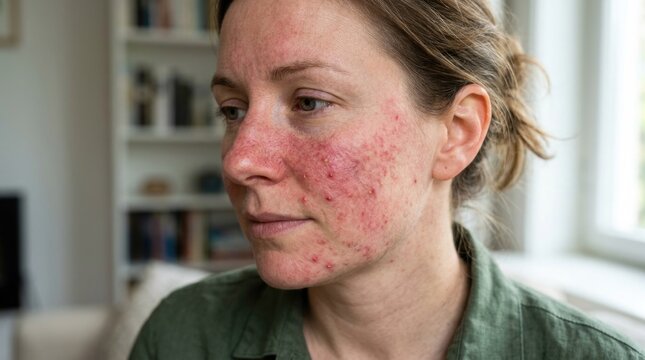 Facial skin disorder: rosacea symptom, cosmetic dermatology, vascular flush, redness condition, cheek erythema, telangiectasia flare, epidermal inflammation, dermal healthcare.