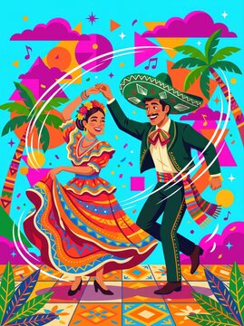Mexican folk dancers in traditional attire, vibrant Jarabe Tapatio performance, festive mariachi culture illustration for Cinco de Mayo