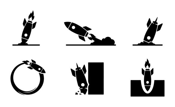 Rocket Launch and Failure Icons, Space Exploration and Project Setback Vector Graphics, Black and White Symbols for Startup and Innovation Concepts
