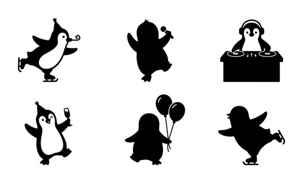 Charming Penguin Silhouettes: Ice Skating, Singing, DJing, Celebrating with Balloons and Drinks, Vector Set for Festive Designs