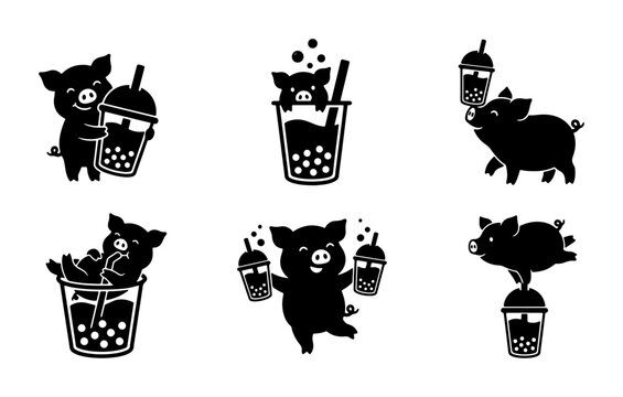 Cute Pig Characters Enjoying Bubble Tea, Adorable Kawaii Animal Illustrations for Food & Drink Designs, Vector Set