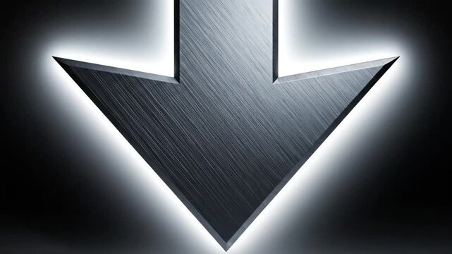 Glowing metallic down arrow on dark reflective background