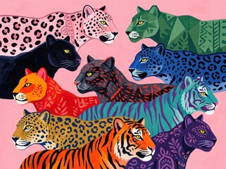 Obraz premium Artistic wild cat illustration, colorful leopard and tiger pattern, vibrant jungle feline collage, exotic animal wallpaper for textile design