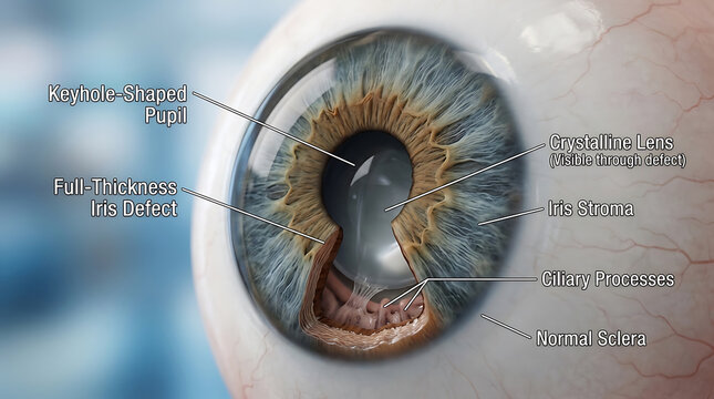 Iris Coloboma with Keyhole-Shaped Pupil and Full-Thickness Iris Defect of Human Ocular Anatomy Inferonasal Quadrant Lens Exposure Congenital Anomaly