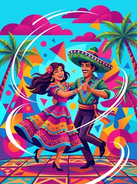 Mexican jarabe tapatio dancers in traditional dress, vibrant Cinco de Mayo celebration vector, colorful folk dancing couple