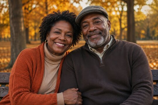 Happy senior African American couple enjoying quality time together in an autumn park, smiling and embracing on a bench, representing love, companionship, healthy aging and retirement