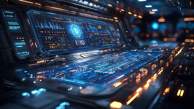 Advanced futuristic control panel dashboard with multiple digital displays and glowing orange and blue interface elements