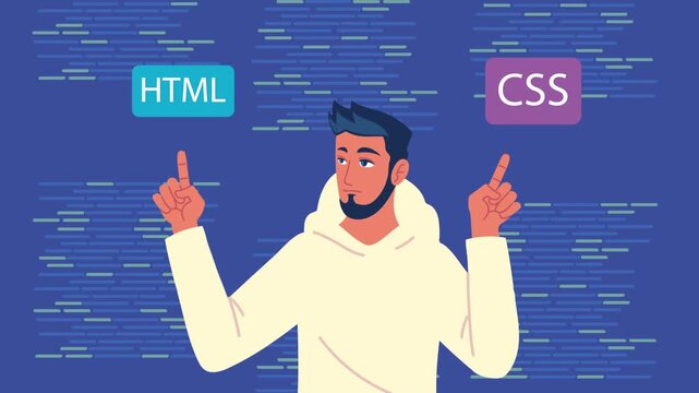Young man points fingers at HTML and CSS code, symbolizing web development choice.