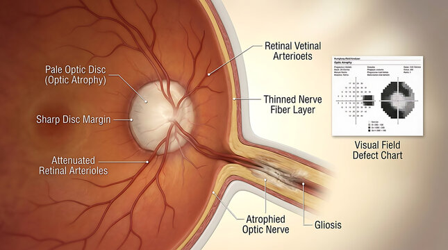 Optic Atrophy with Pale Optic Disc and Reduced Vision Caused by Optic Nerve Damage of Human Ocular Anatomy Sharp Margins Reduced Vascularity Gliosis