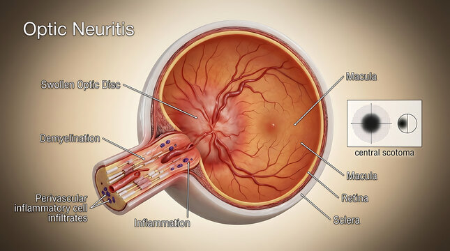 Optic Neuritis with Optic Nerve Inflammation Causing Sudden Vision Loss of Human Ocular Anatomy Disc Swelling Central Scotoma Afferent Pupillary Defect