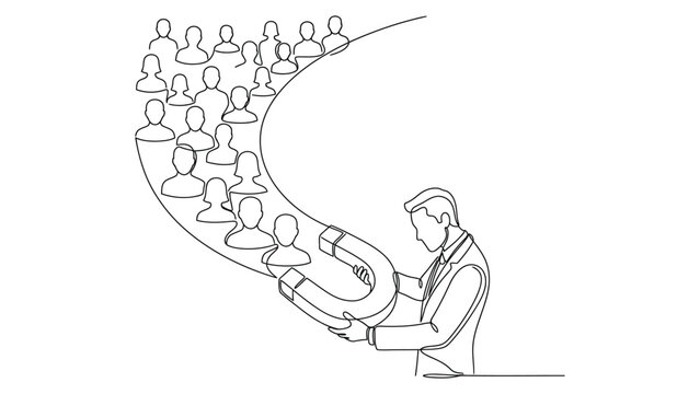 Continuous line drawing of a businessman using a giant magnet to attract customers.