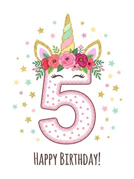 A whimsical illustration of a unicorn face with a large number 5 for its body, celebrating a 5th birthday with confetti and flowers.