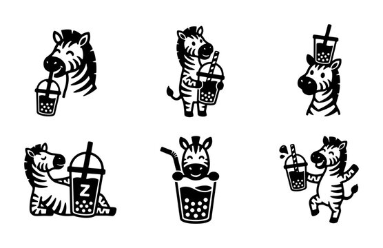 Cute Zebra Characters Enjoying Bubble Tea, Kawaii Animal Illustrations for Drinks and Lifestyle Designs, Vector Set