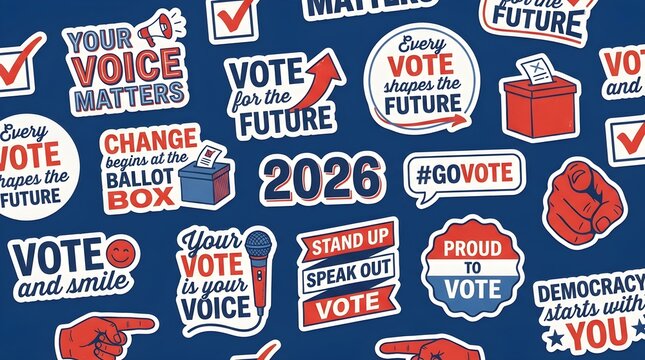 A vibrant collection of election-themed stickers encouraging voting and civic participation, featuring slogans like 'Your Voice Matters' and '#GoVote'.