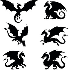 Fototapeta premium Set of black dragon silhouettes in various poses for fantasy design and graphic art.