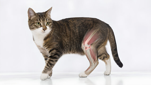 Cat patellar luxation in knee joint anatomy, photorealistic veterinary education image showing displaced kneecap and joint instability for pet owner education, clinic websites, and animal health